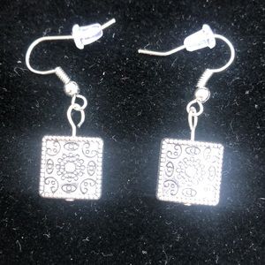 Handcrafted square silver etched earrings